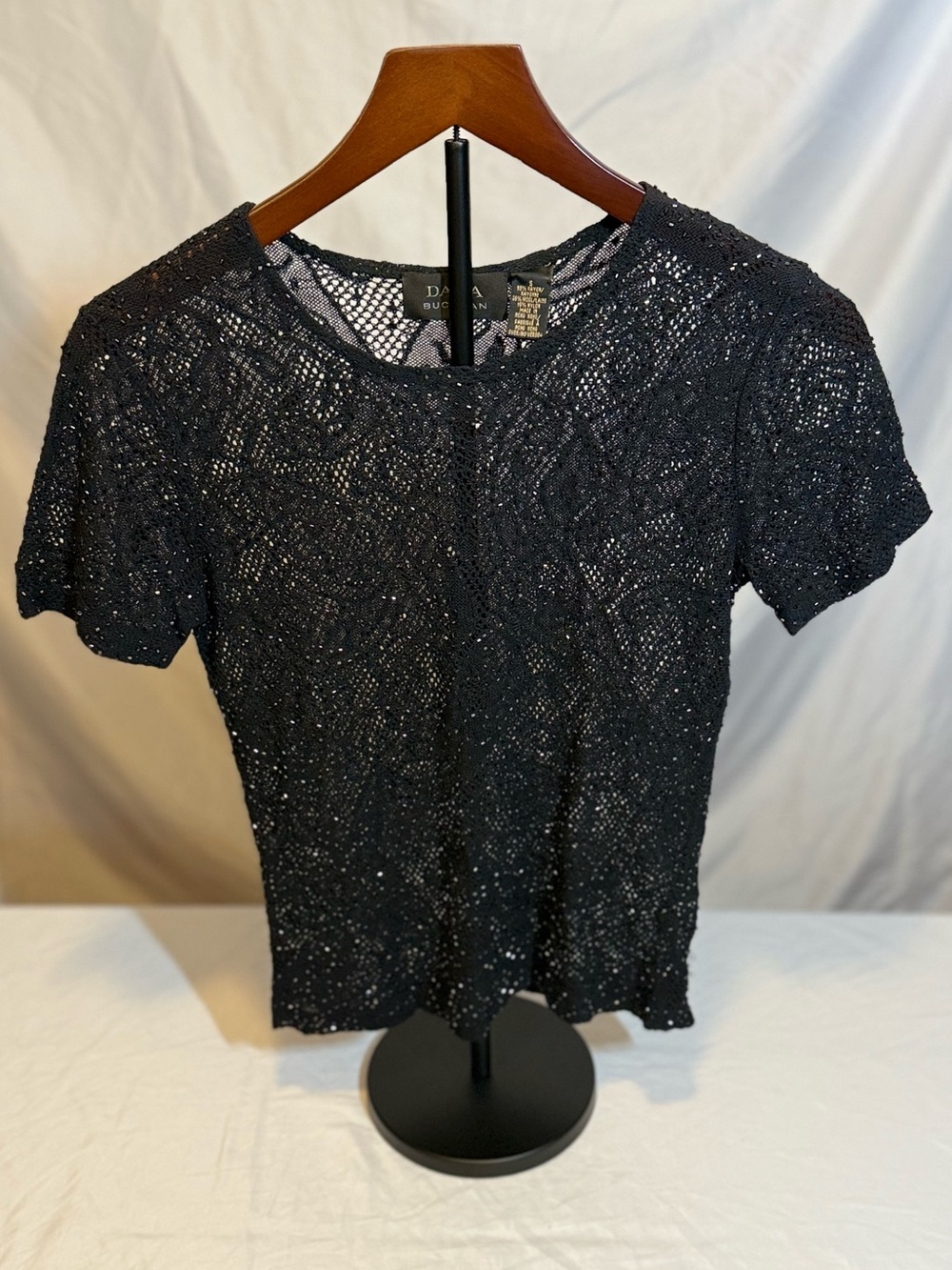 Vintage 90s Dana Buchman Black Sparkle Open-Knit Short Sleeve Top Size Small (KK